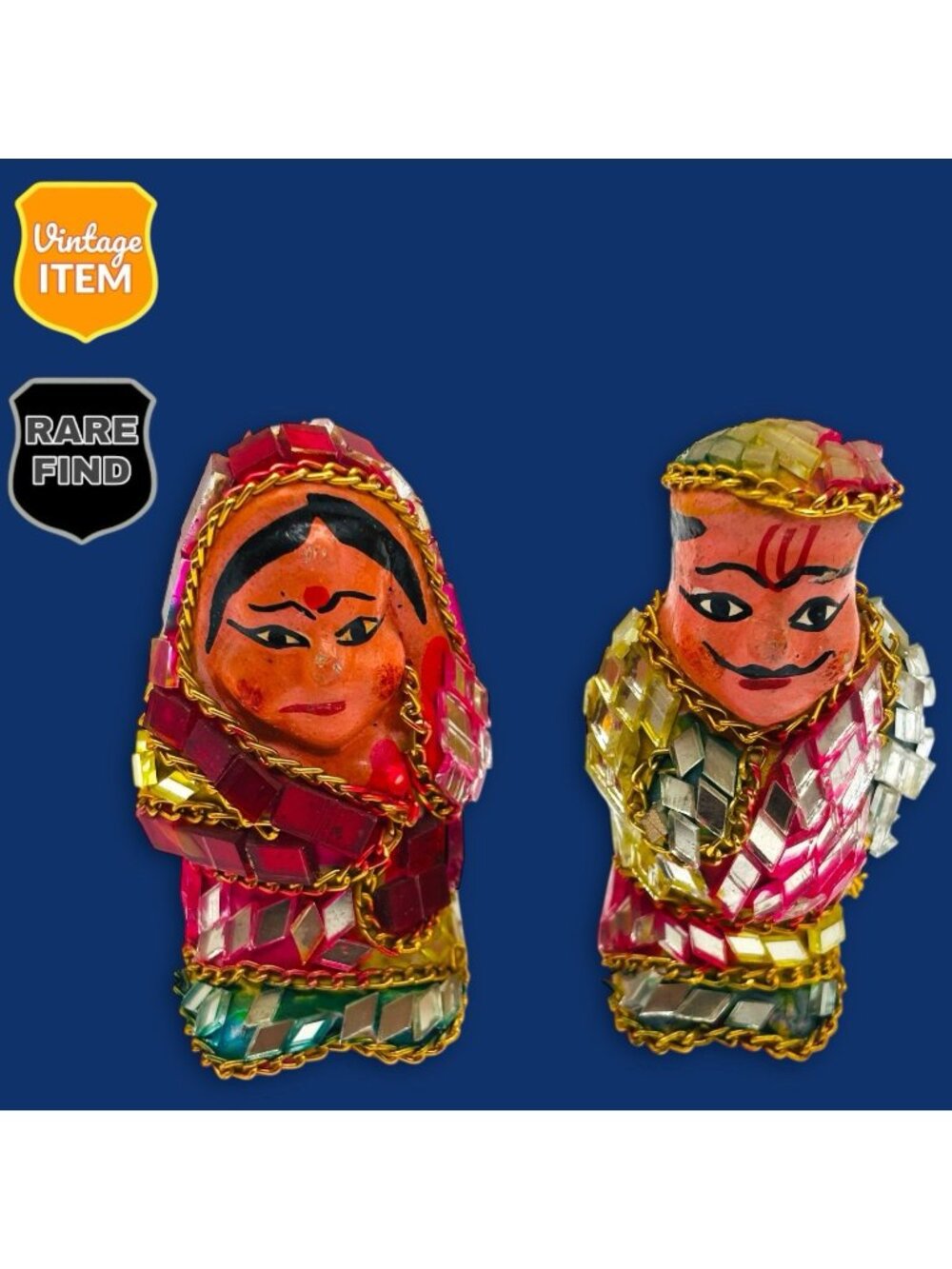 Vintage India SHIVAKARI Terracotta Seth Sethani Rajasthani 4" Couple Figurines.